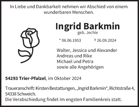 Traueranzeige von Ingrid Barkmin von trierischer_volksfreund