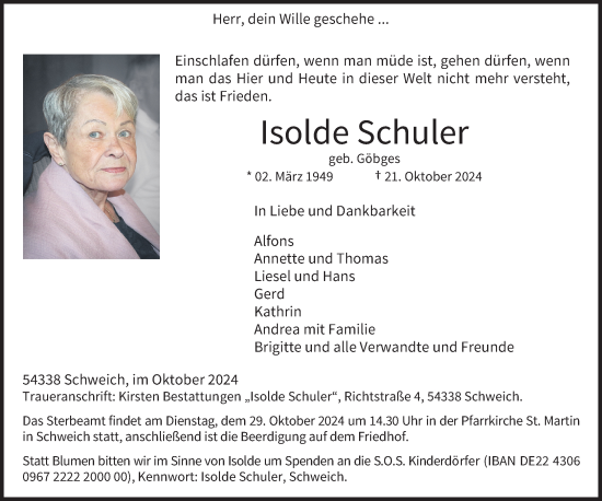 Traueranzeige von Isolde Schuler von trierischer_volksfreund