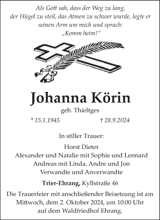 Traueranzeige von Johanna Körin von trierischer_volksfreund