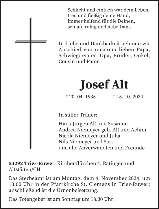 Traueranzeige von Josef Alt von trierischer_volksfreund