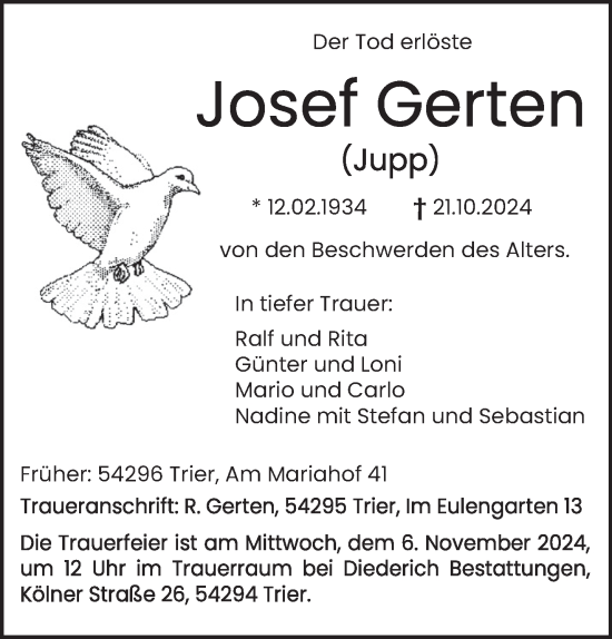 Traueranzeige von Josef Gerten von trierischer_volksfreund