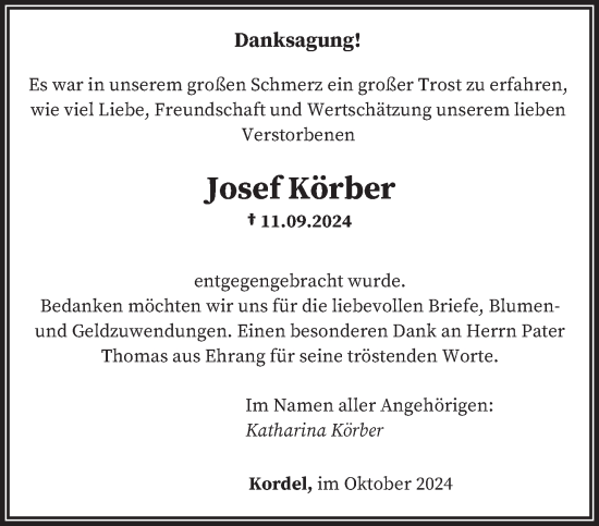 Traueranzeige von Josef Körber von trierischer_volksfreund