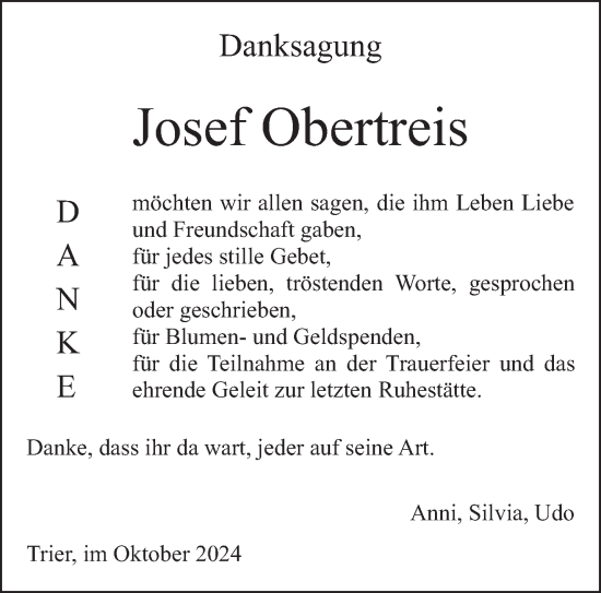 Traueranzeige von Josef Obertreis von trierischer_volksfreund