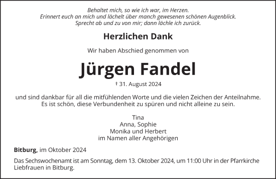 Traueranzeige von Jürgen Fandel von trierischer_volksfreund