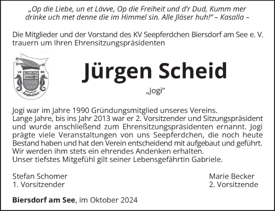 Traueranzeige von Jürgen Scheid von trierischer_volksfreund