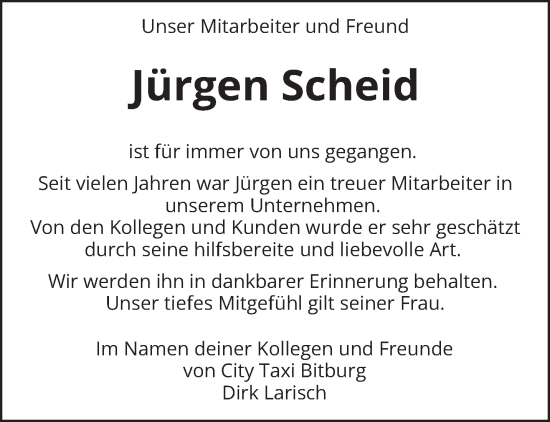 Traueranzeige von Jürgen Scheid von trierischer_volksfreund