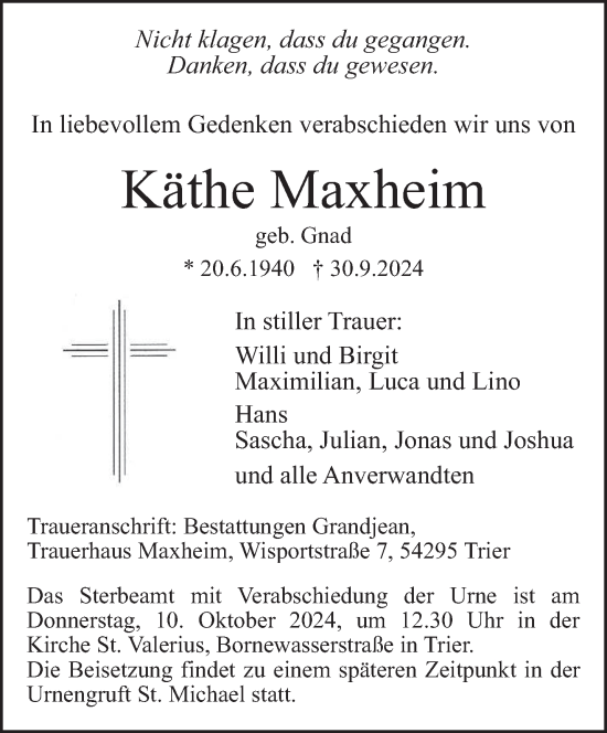 Traueranzeige von Käthe Maxheim von trierischer_volksfreund