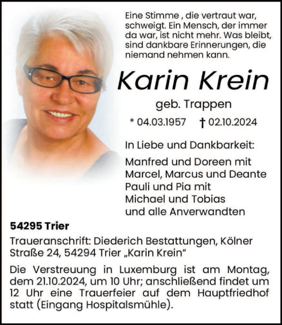 Traueranzeige von Karin Krein von trierischer_volksfreund