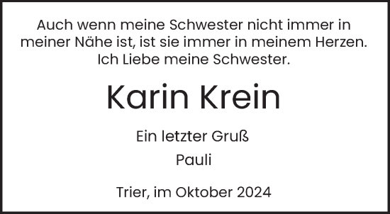 Traueranzeige von Karin Krein von trierischer_volksfreund