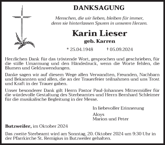 Traueranzeige von Karin Lieser von trierischer_volksfreund