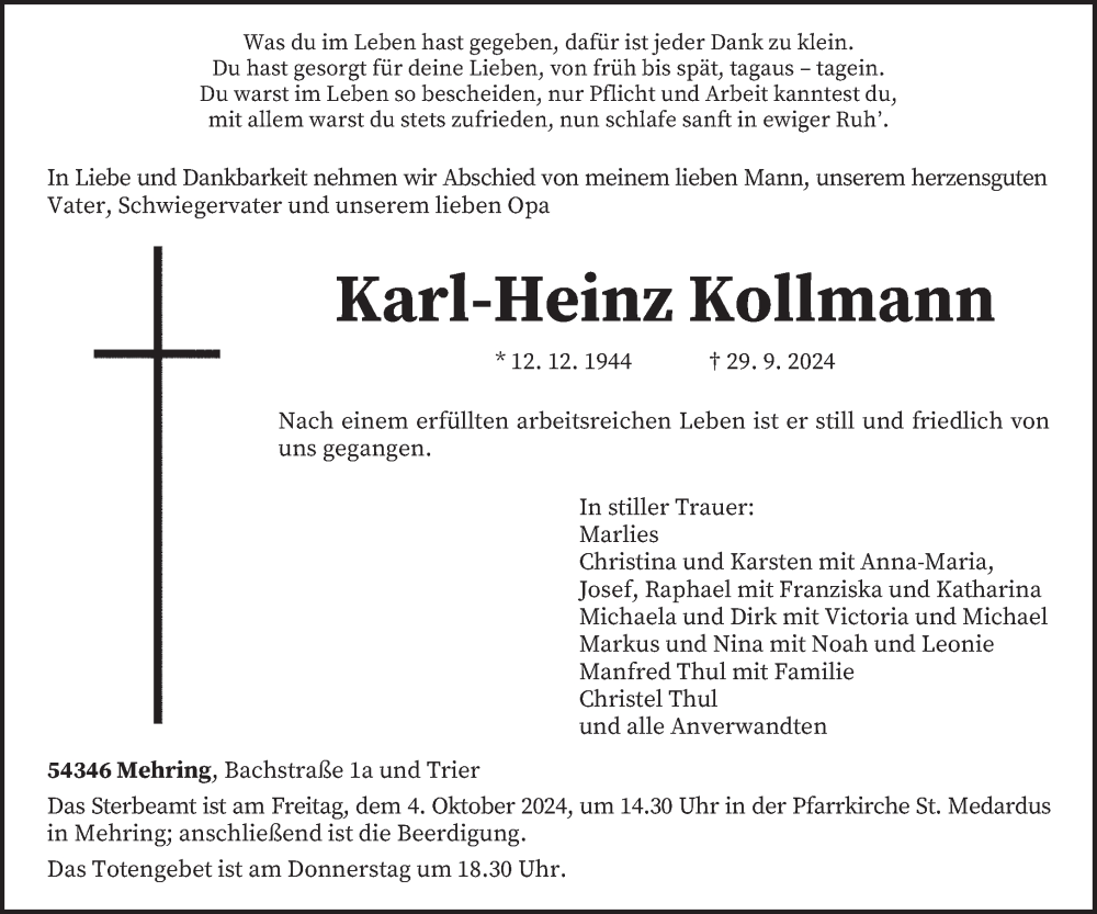  Traueranzeige für Karl-Heinz Kollmann vom 02.10.2024 aus trierischer_volksfreund