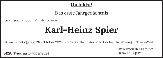 Traueranzeige von Karl-Heinz Spier von trierischer_volksfreund