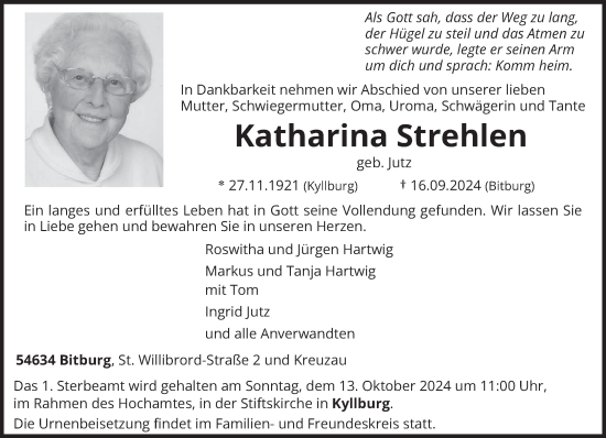 Traueranzeige von Katharina Strehlen von trierischer_volksfreund