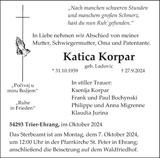 Traueranzeige von Katica Korpar von trierischer_volksfreund