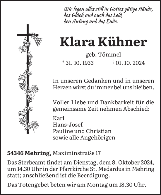 Traueranzeige von Klara Kühner von trierischer_volksfreund