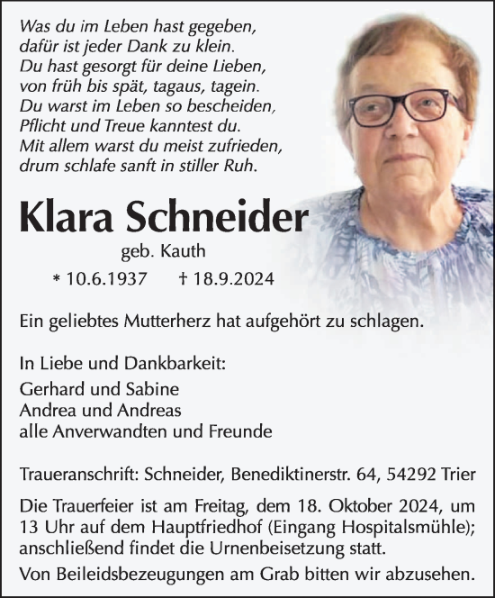 Traueranzeige von Klara Schneider von trierischer_volksfreund