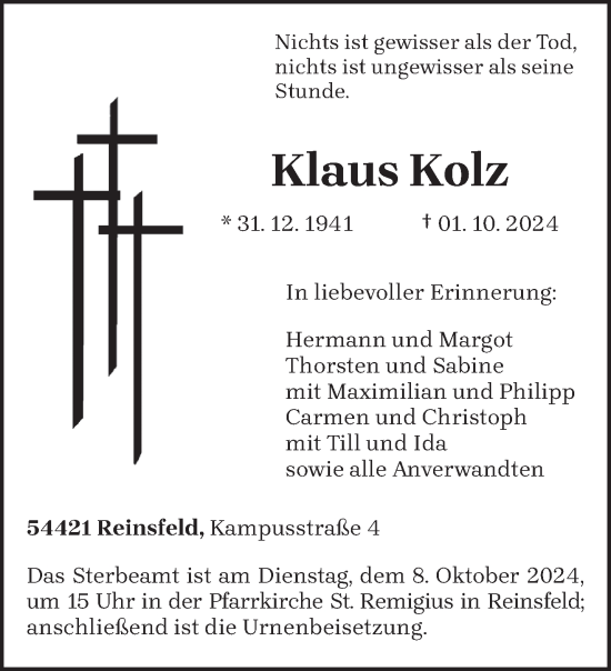 Traueranzeige von Klaus Kolz von trierischer_volksfreund