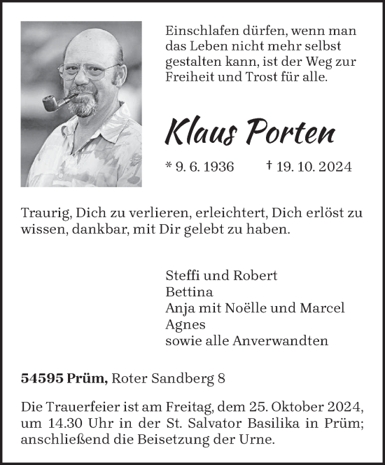 Traueranzeige von Klaus Porten von trierischer_volksfreund