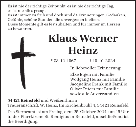 Traueranzeige von Klaus Werner Heinz von trierischer_volksfreund