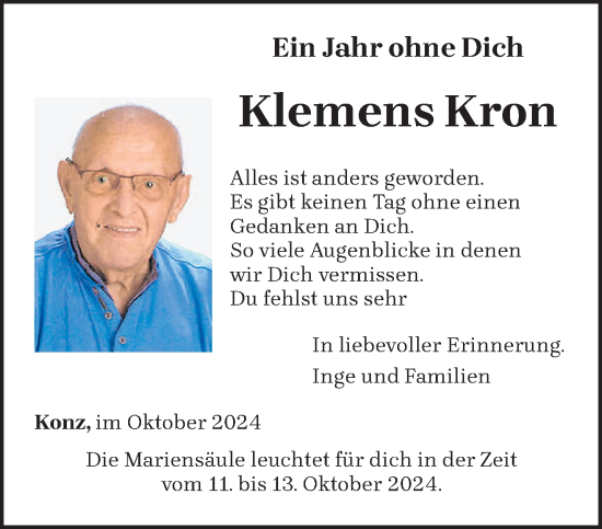 Traueranzeige von Klemens Kron von trierischer_volksfreund
