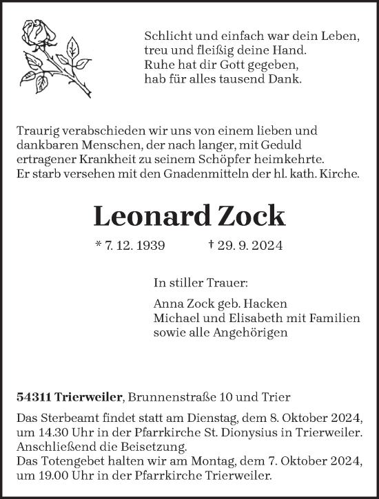 Traueranzeige von Leonard Zock von trierischer_volksfreund