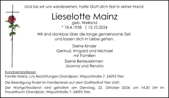 Traueranzeige von Lieselotte Mainz von trierischer_volksfreund