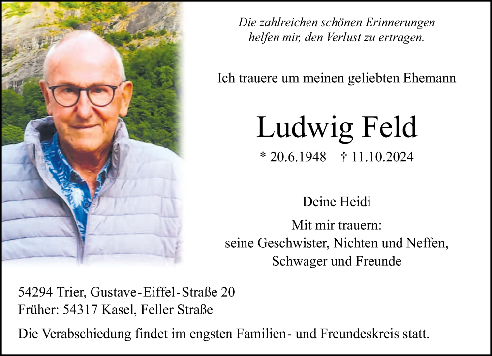  Traueranzeige für Ludwig Feld vom 16.10.2024 aus trierischer_volksfreund