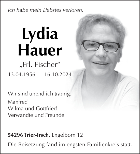 Traueranzeige von Lydia Hauer von trierischer_volksfreund