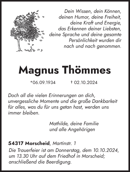 Traueranzeige von Magnus Thömmes von trierischer_volksfreund