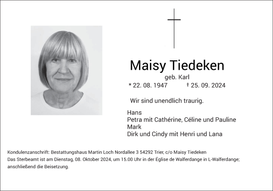 Traueranzeige von Maisy Tiedeken von trierischer_volksfreund