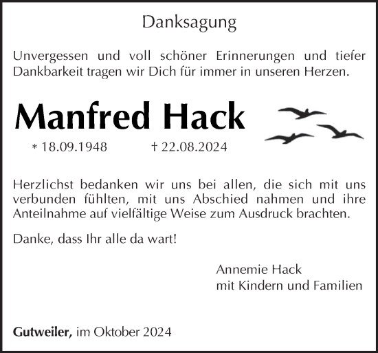 Traueranzeige von Manfred Hack von trierischer_volksfreund