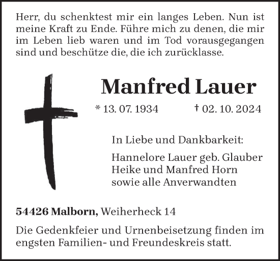 Traueranzeige von Manfred Lauer von trierischer_volksfreund