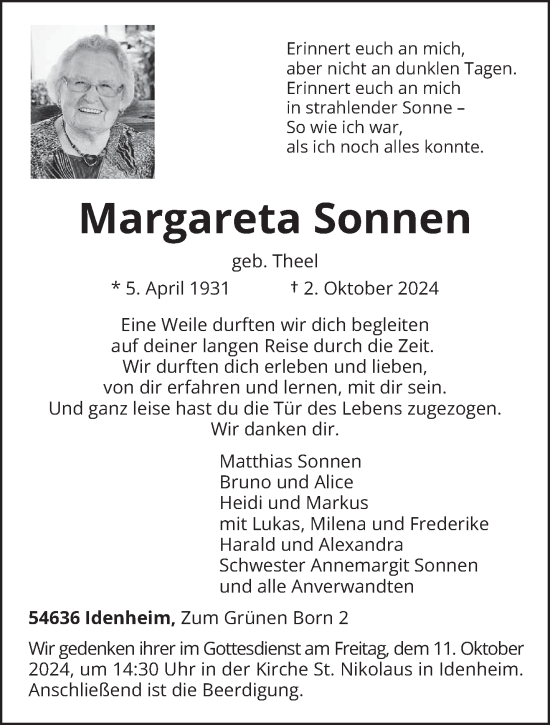 Traueranzeige von Margareta Sonnen von trierischer_volksfreund