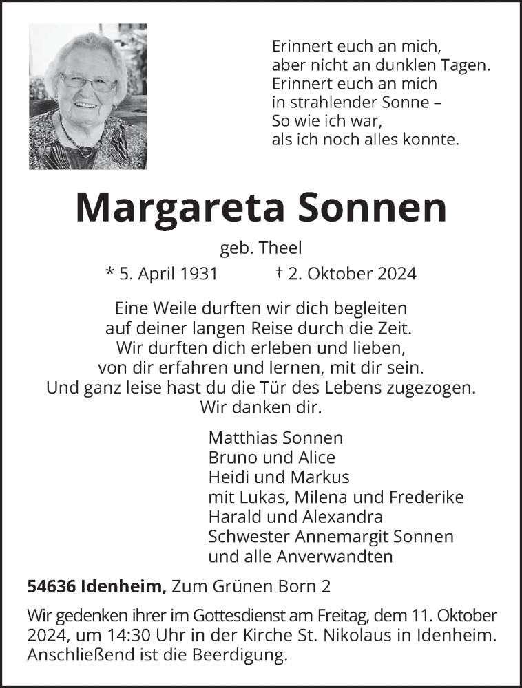  Traueranzeige für Margareta Sonnen vom 05.10.2024 aus trierischer_volksfreund