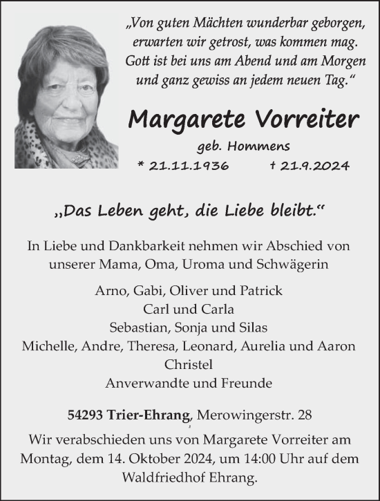 Traueranzeige von Margarete Vorreiter von trierischer_volksfreund