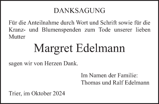 Traueranzeige von Margret Edelmann von trierischer_volksfreund