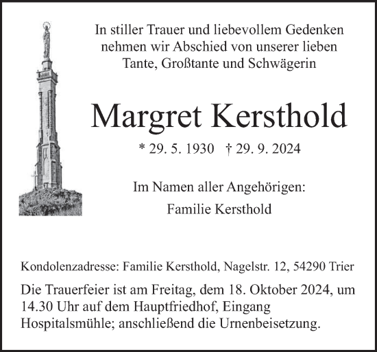 Traueranzeige von Margret Kersthold von trierischer_volksfreund