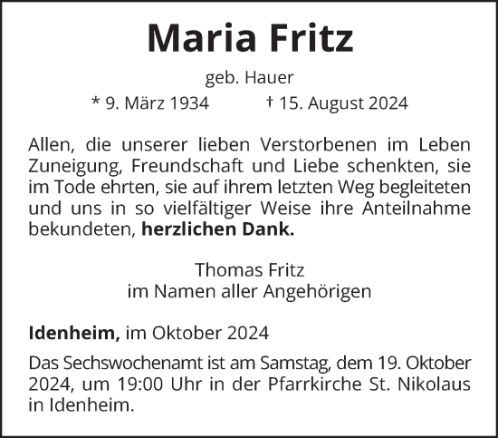 Traueranzeige von Maria Fritz von trierischer_volksfreund
