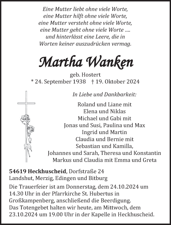 Traueranzeige von Martha Wanken von trierischer_volksfreund