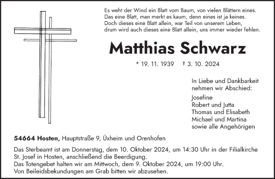 Traueranzeige von Matthias Schwarz von trierischer_volksfreund