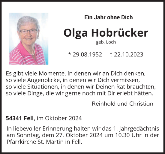 Traueranzeige von Olga Hobrücker von trierischer_volksfreund