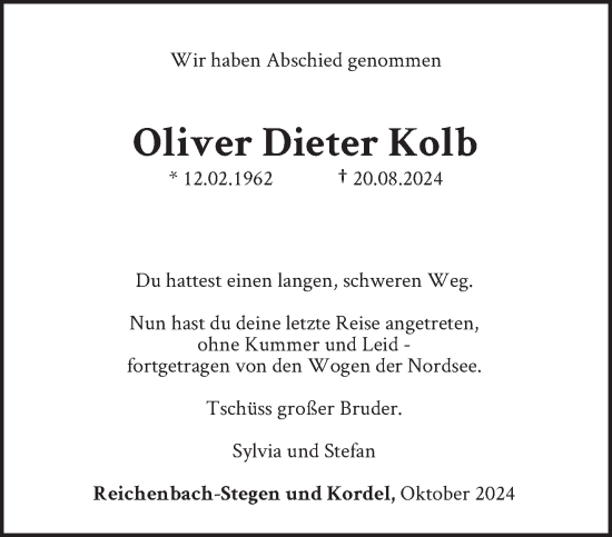 Traueranzeige von Oliver Dieter Kolb von trierischer_volksfreund