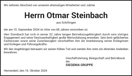 Traueranzeige von Otmar Steinbach von trierischer_volksfreund