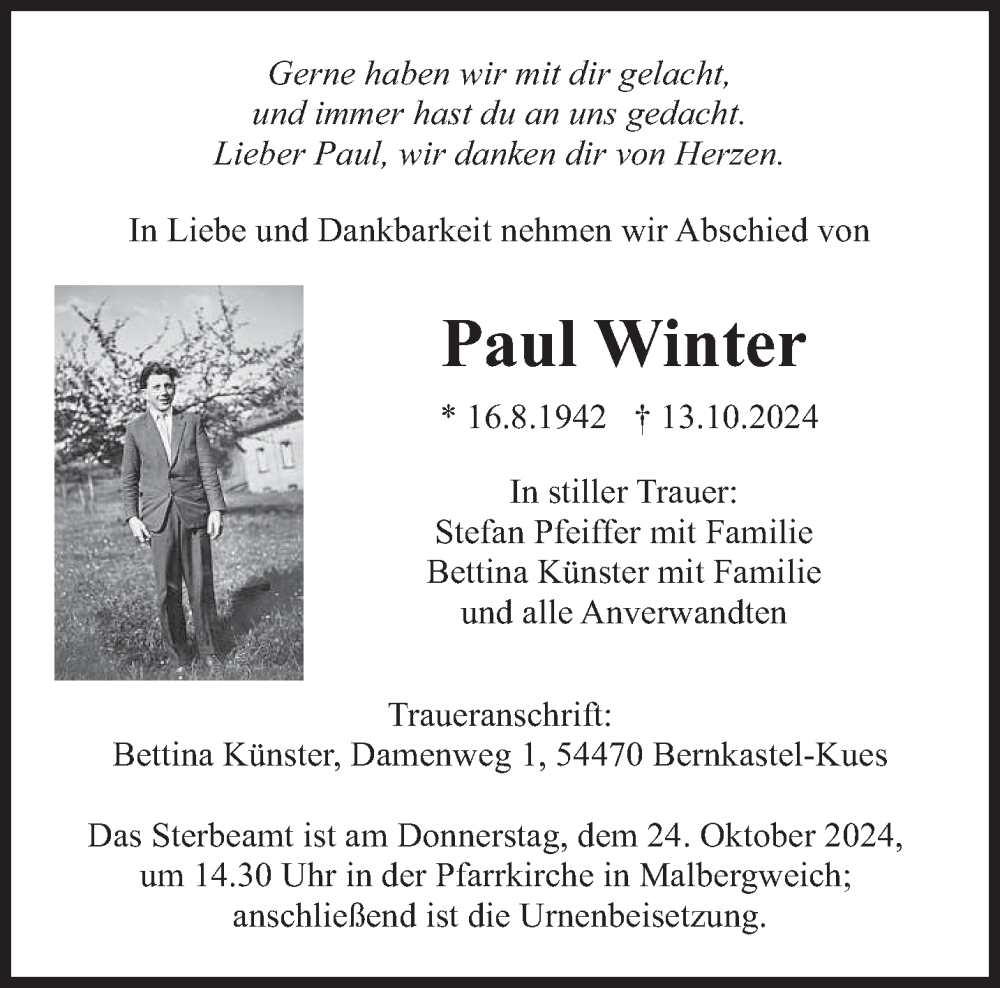  Traueranzeige für Paul Winter vom 22.10.2024 aus trierischer_volksfreund