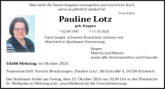 Traueranzeige von Pauline Lotz von trierischer_volksfreund