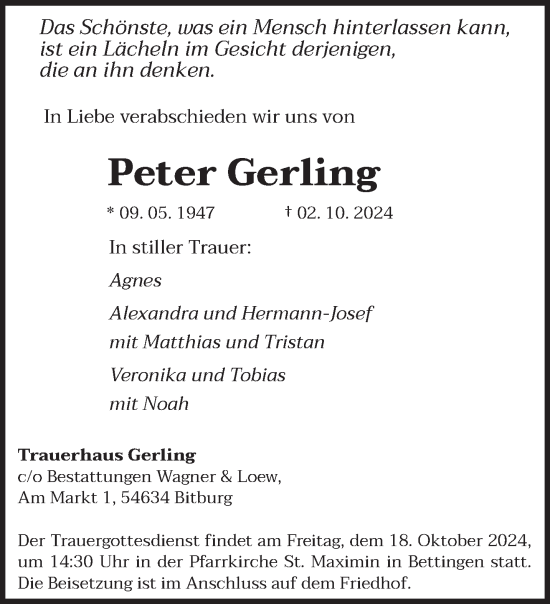 Traueranzeige von Peter Gerling von trierischer_volksfreund