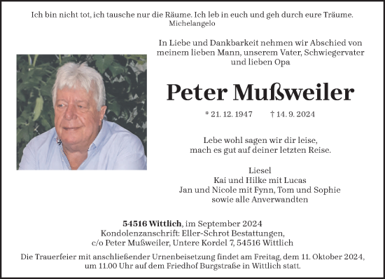 Traueranzeige von Peter Mußweiler von trierischer_volksfreund