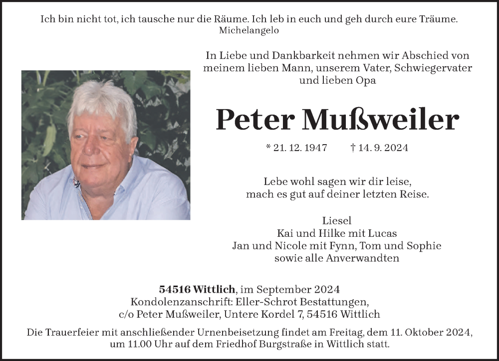  Traueranzeige für Peter Mußweiler vom 05.10.2024 aus trierischer_volksfreund