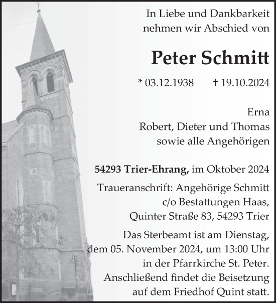 Traueranzeige von Peter Schmitt von trierischer_volksfreund