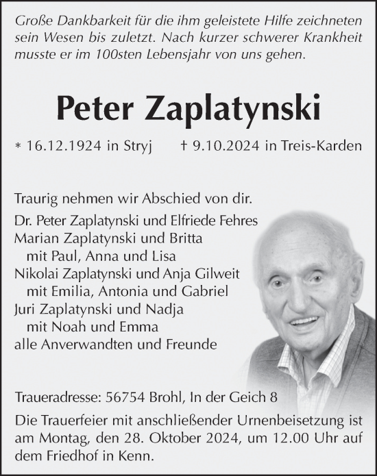 Traueranzeige von Peter Zaplatynski von trierischer_volksfreund